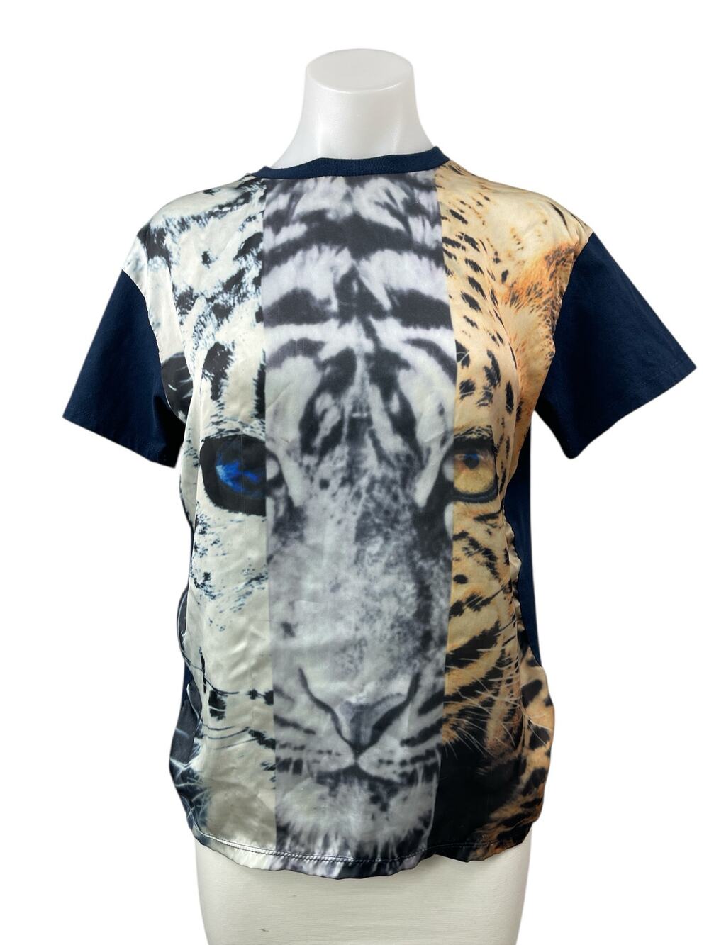 Alberto Makali Women's Blue Tiger Print Short Sleeve Crew T Shirt Tee Top Size S